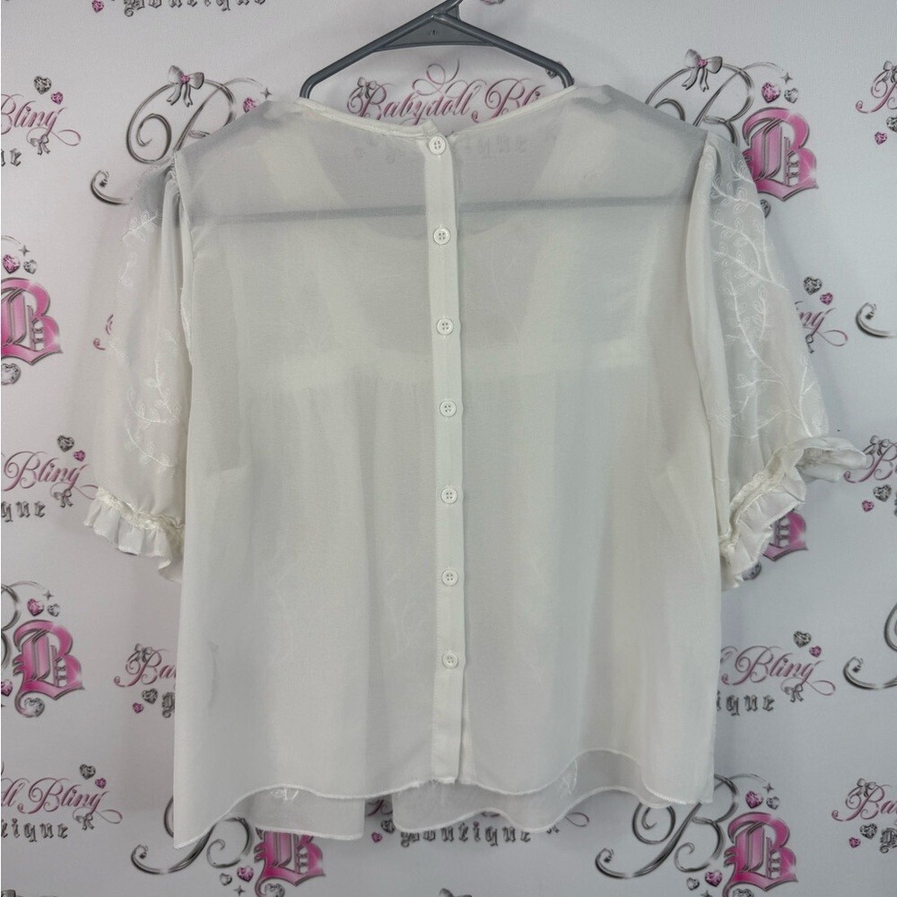 Rebellion T-shirt floral embroidered mesh flowers button up Ivory Floral Blouse - Picture 2 of 12
